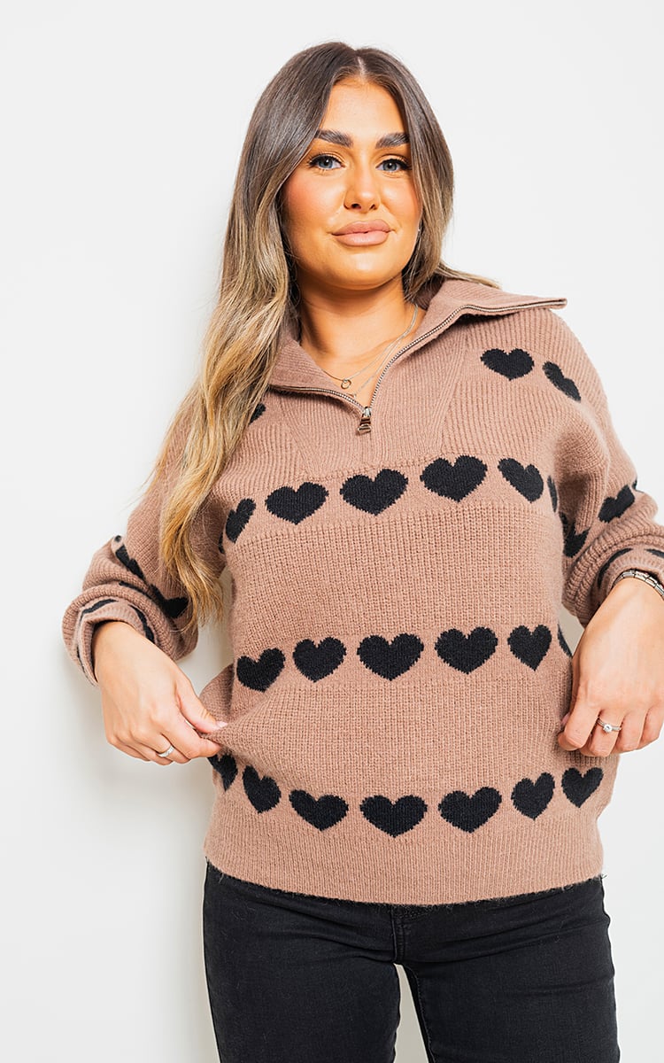 Heart Prints Zip High Neck Knitted Jumper