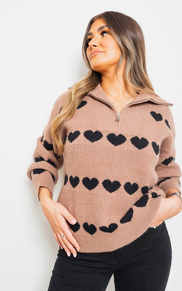 Heart Prints Zip High Neck Knitted Jumper