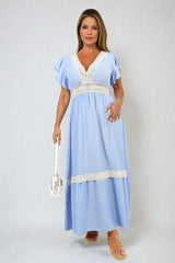 V-neck Lace Trim Maxi Dress