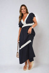 V-neck Lace Trim Maxi Dress