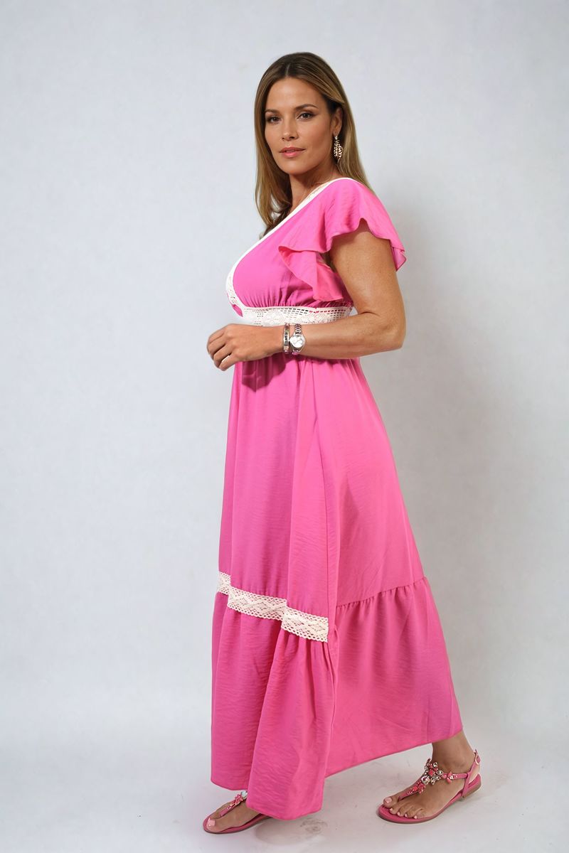 V-neck Lace Trim Maxi Dress