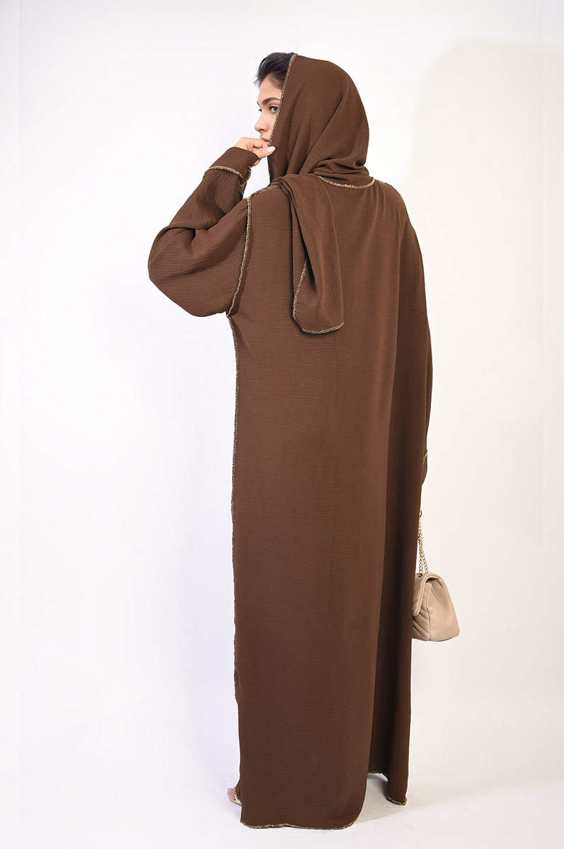 Long Sleeve Closed Abaya Maxi Dress With Embellished Piping