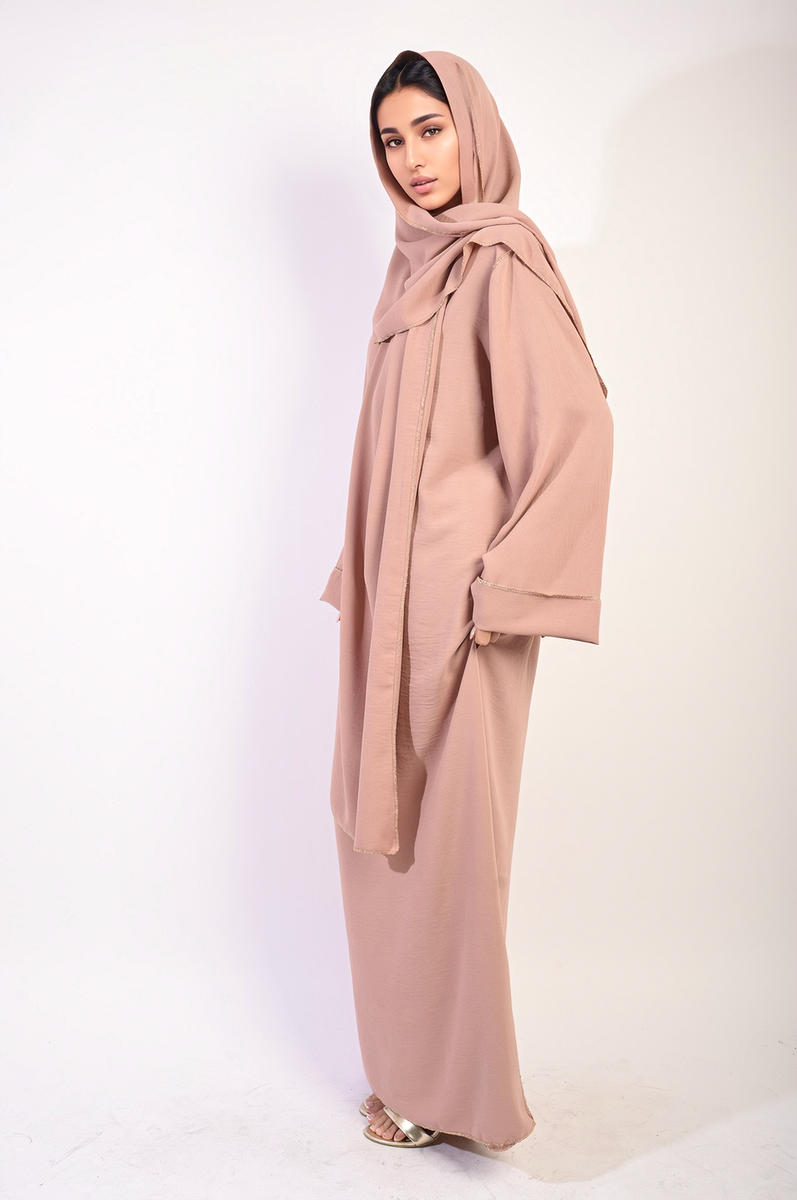 Long Sleeve Closed Abaya Maxi Dress With Embellished Piping