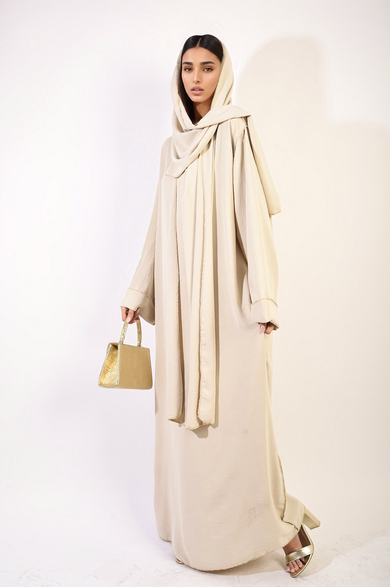 Long Sleeve Closed Abaya Maxi Dress With Embellished Piping