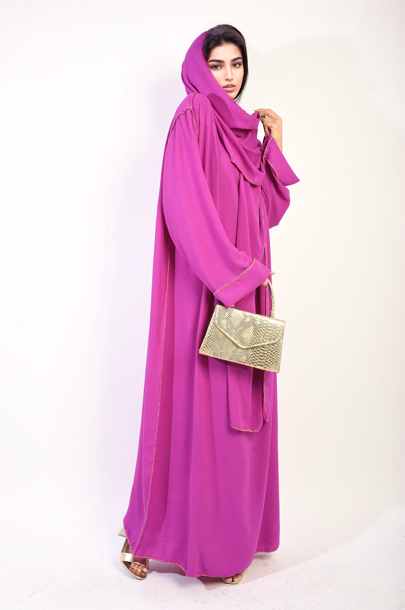 Long Sleeve Closed Abaya Maxi Dress With Embellished Piping