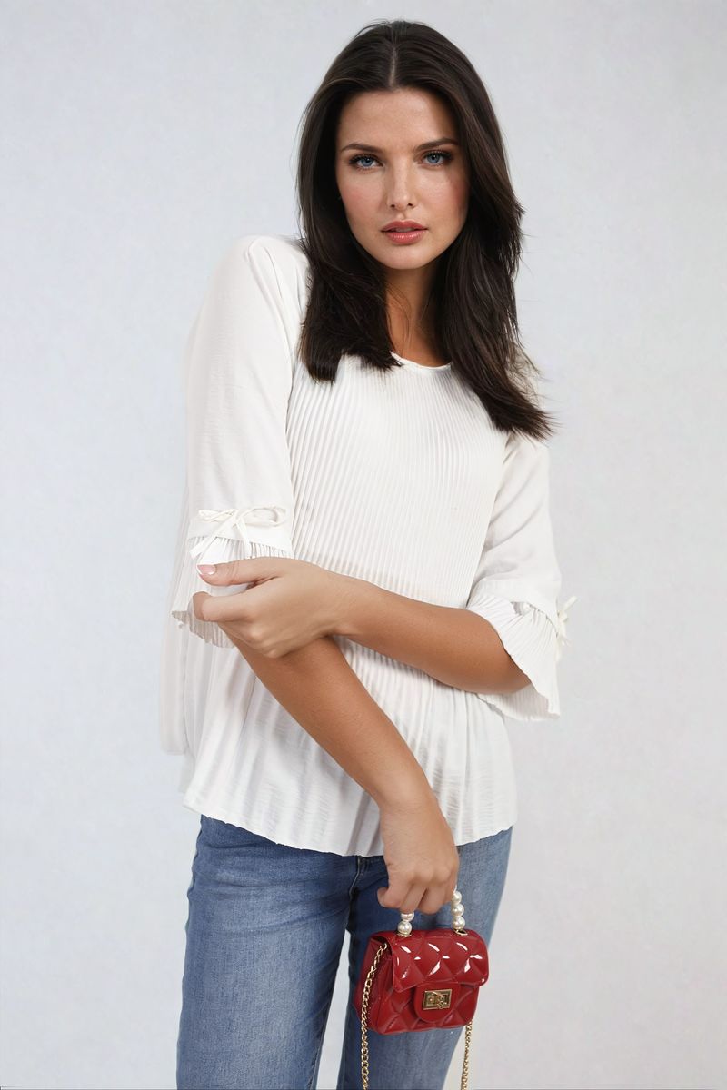 Plisse Pleated Short Bow Sleeve Top