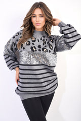 Leopard Sequin High Neck Knitted Jumper