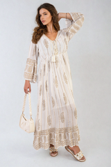 Embellished Boho Flounce Sleeve Maxi Dress