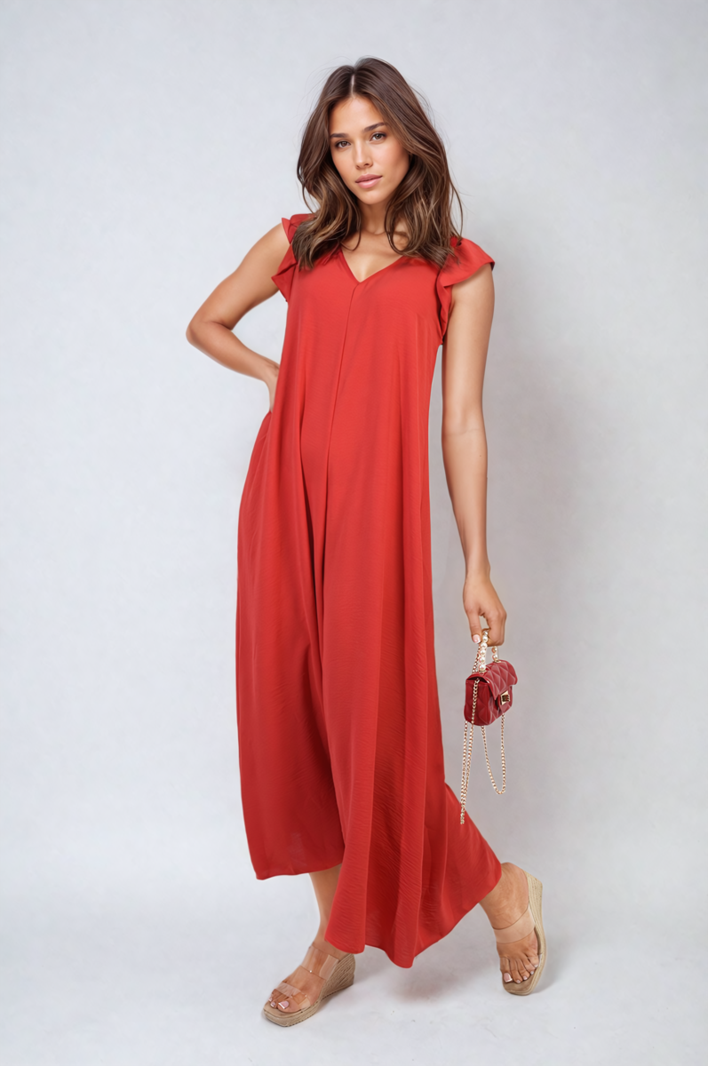 Ruffle Sleeve V-Neck Loose Waist Wide Leg Jumpsuit