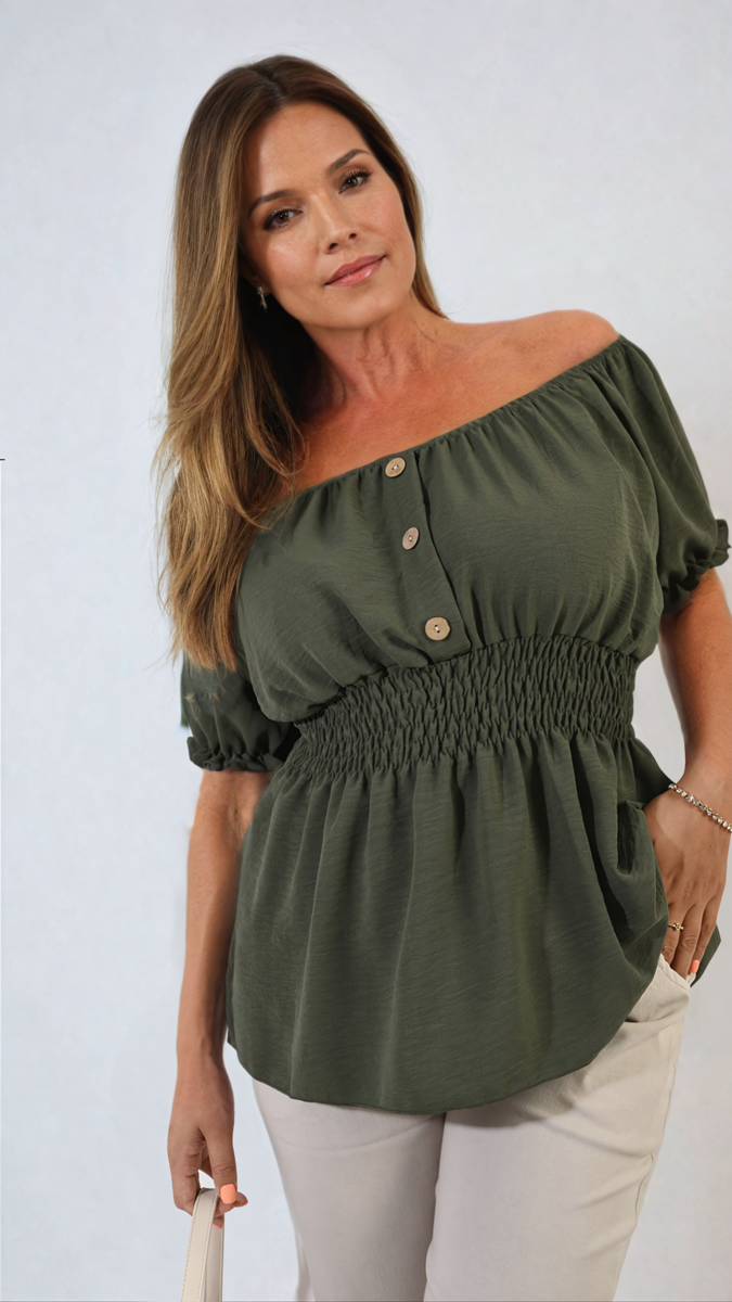 Button Front Cinched Waist Top