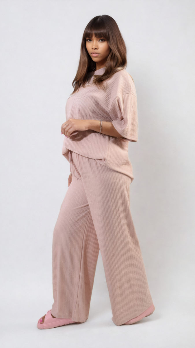 Ribbed Oversized Top and Drawstring Wide Leg Trouser Co-ord Set