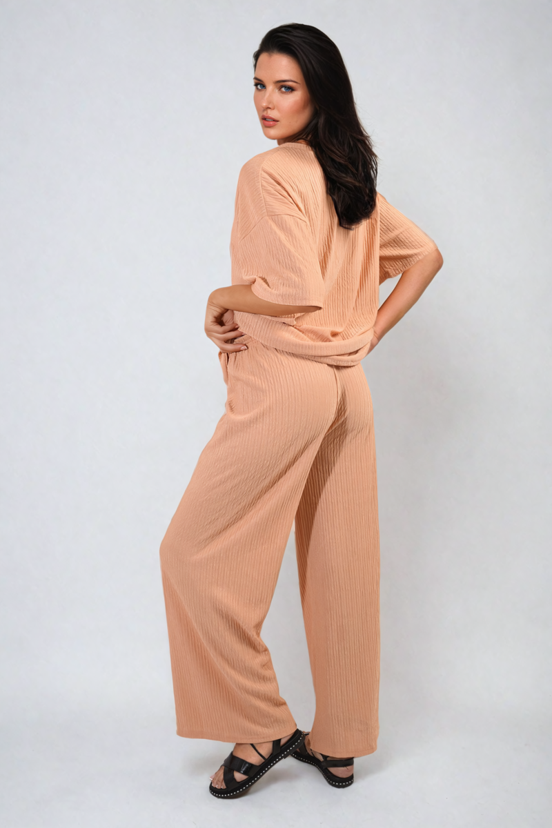 Ribbed Oversized Top and Drawstring Wide Leg Trouser Co-ord Set