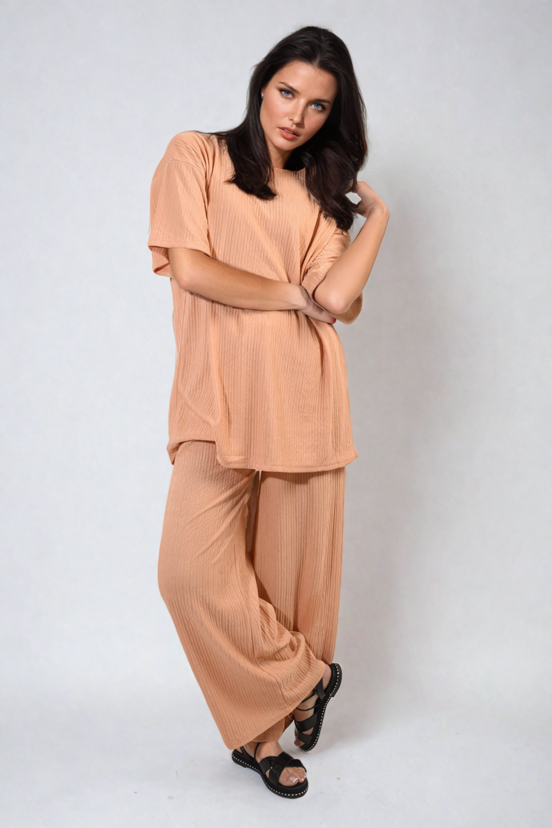 Ribbed Oversized Top and Drawstring Wide Leg Trouser Co-ord Set