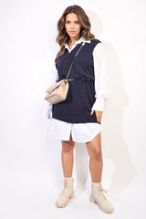 Knitted Vest & Collared Shirt Dress