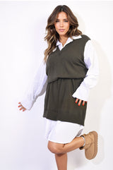 Knitted Vest & Collared Shirt Dress