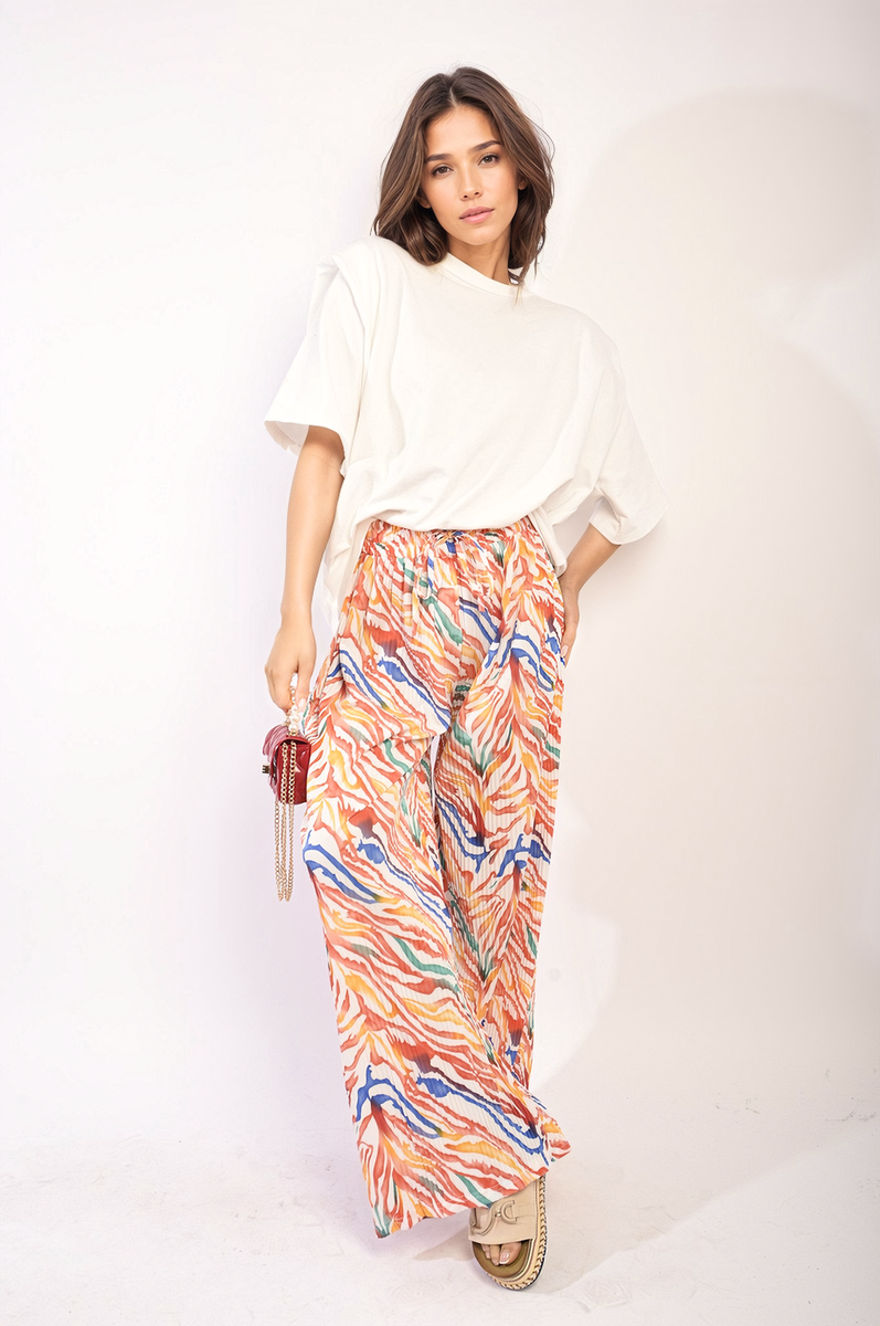 Pleated Wide Leg and Elastic Waist Trousers