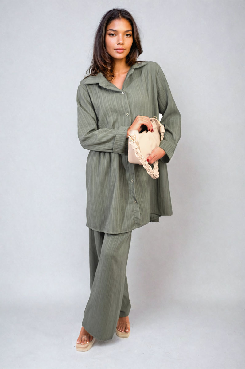 Oversized Collared Button Down Long Sleeve Top and Trouser Co-ord Set