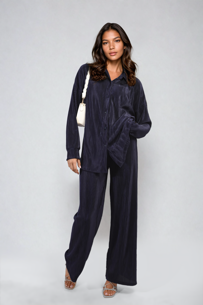 Plisse Button Front Oversized Shirt and Trouser Co-ord Set