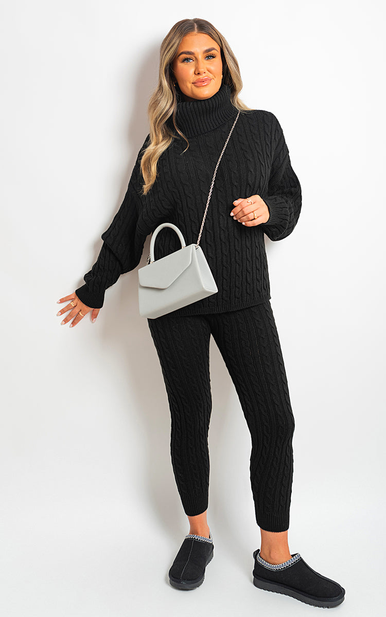 Turtle Neck Cable Knitted Top and Pants Co-ord Set