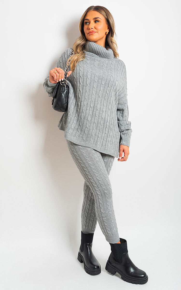 Turtle Neck Cable Knitted Top and Pants Co-ord Set