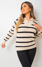 Knitted Long Sleeves Collar Striped Half-Zip Top