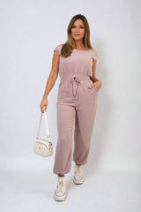 Short Sleeve Cinched Waist Jumpsuit