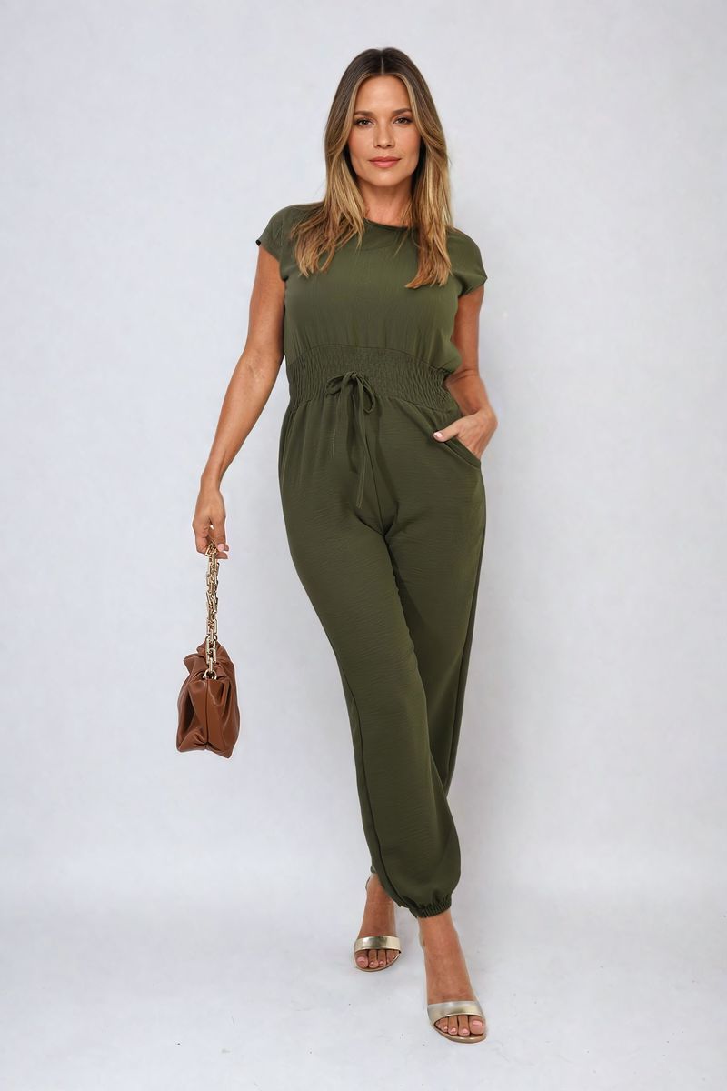 Short Sleeve Cinched Waist Jumpsuit