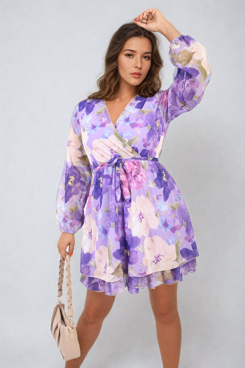 Floral Tie Front Tiered Mini Dress