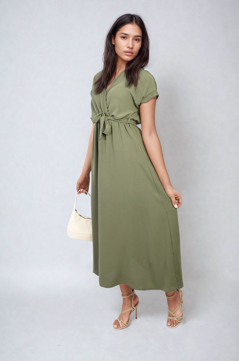 Wrap Tie Waist Short Sleeve Midi Dress