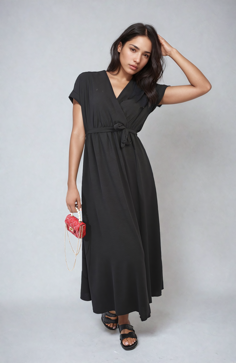 Wrap Tie Waist Short Sleeve Midi Dress