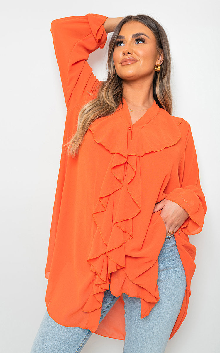 Oversized Ruffle Long Sleeve Tops