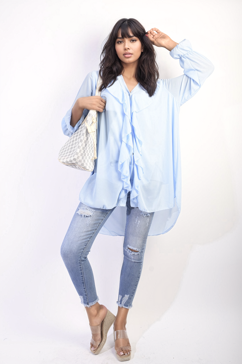 Oversized Ruffle Long Sleeve Tops