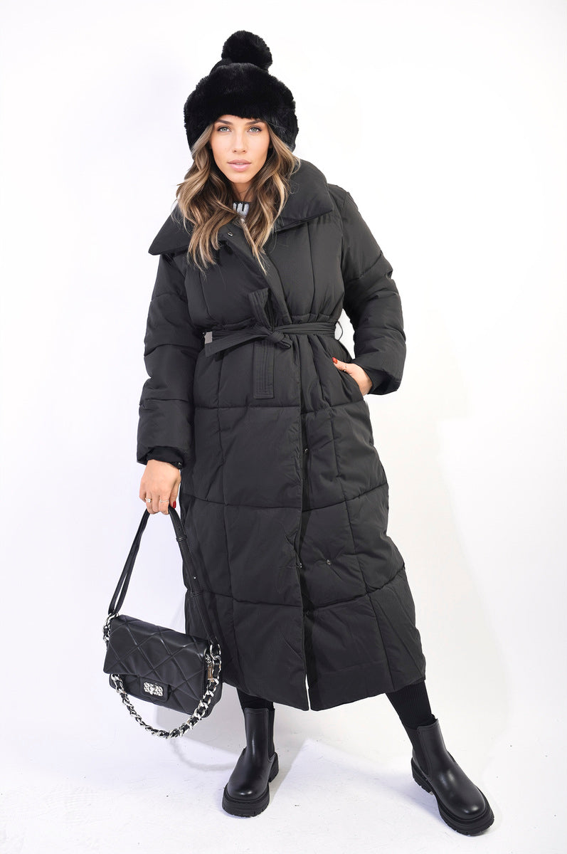 Longline Puffer Jacket with Belt Detail