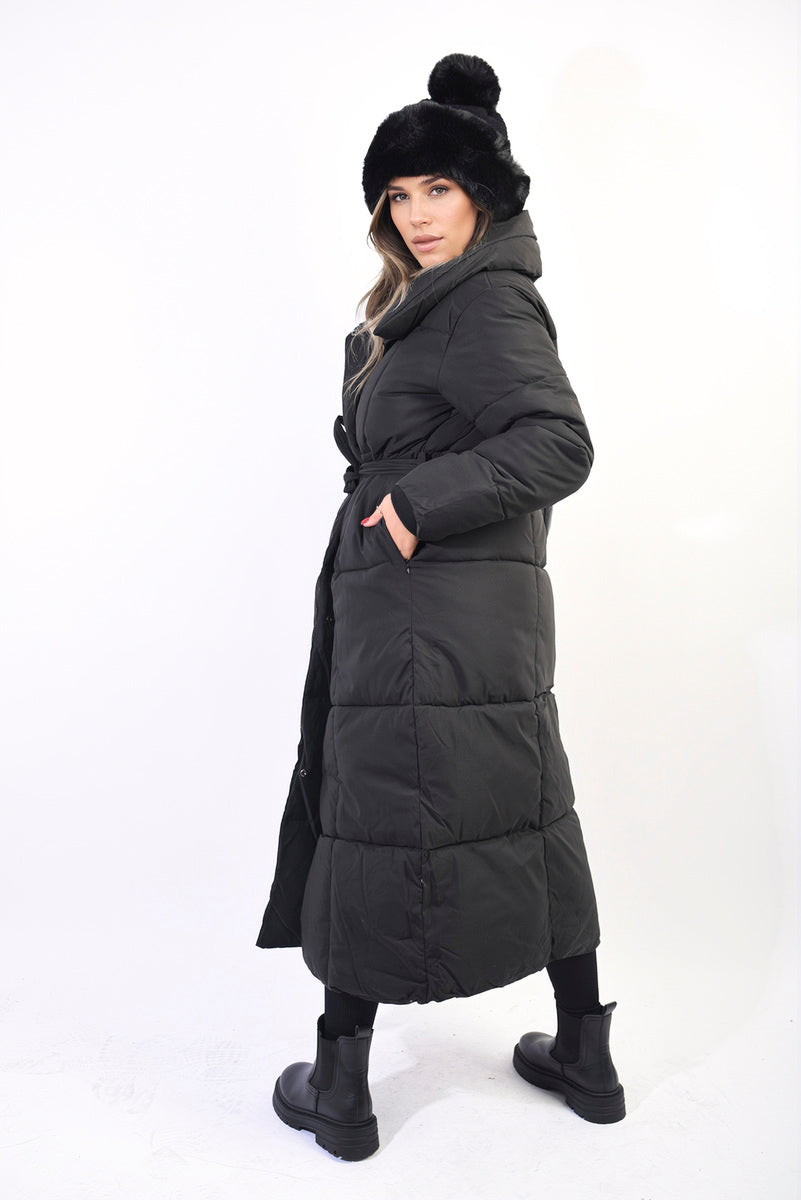 Longline Puffer Jacket with Belt Detail