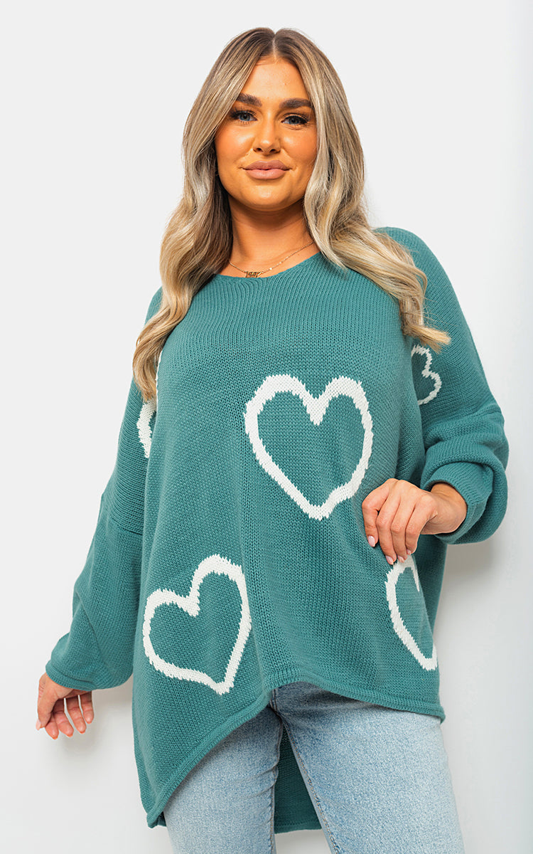 Knitted Oversized Heart Prints Jumper