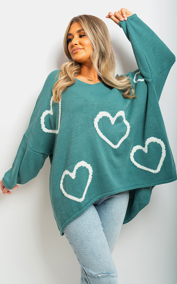 Knitted Oversized Heart Prints Jumper