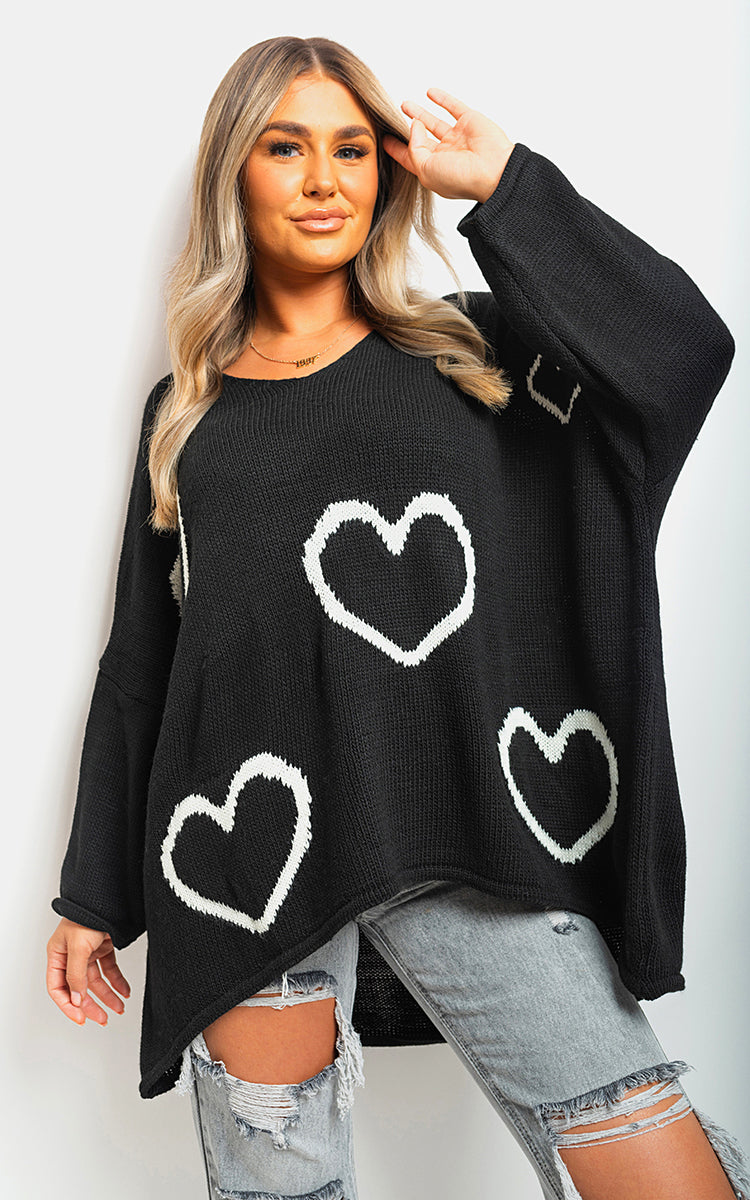 Knitted Oversized Heart Prints Jumper