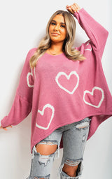 Knitted Oversized Heart Prints Jumper