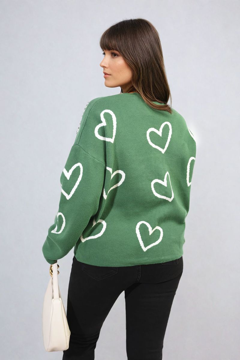 V-neck Embellished Hearts Long Sleeve Knitted Jumper