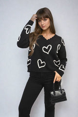 V-neck Embellished Hearts Long Sleeve Knitted Jumper