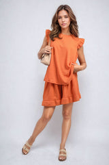 Ruffle Trim Sleeve Top and Shorts Co-ord Set