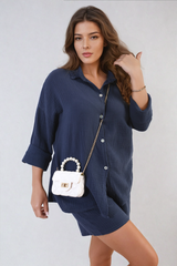 Oversized Button Front Shirt and Shorts Co-ord Set