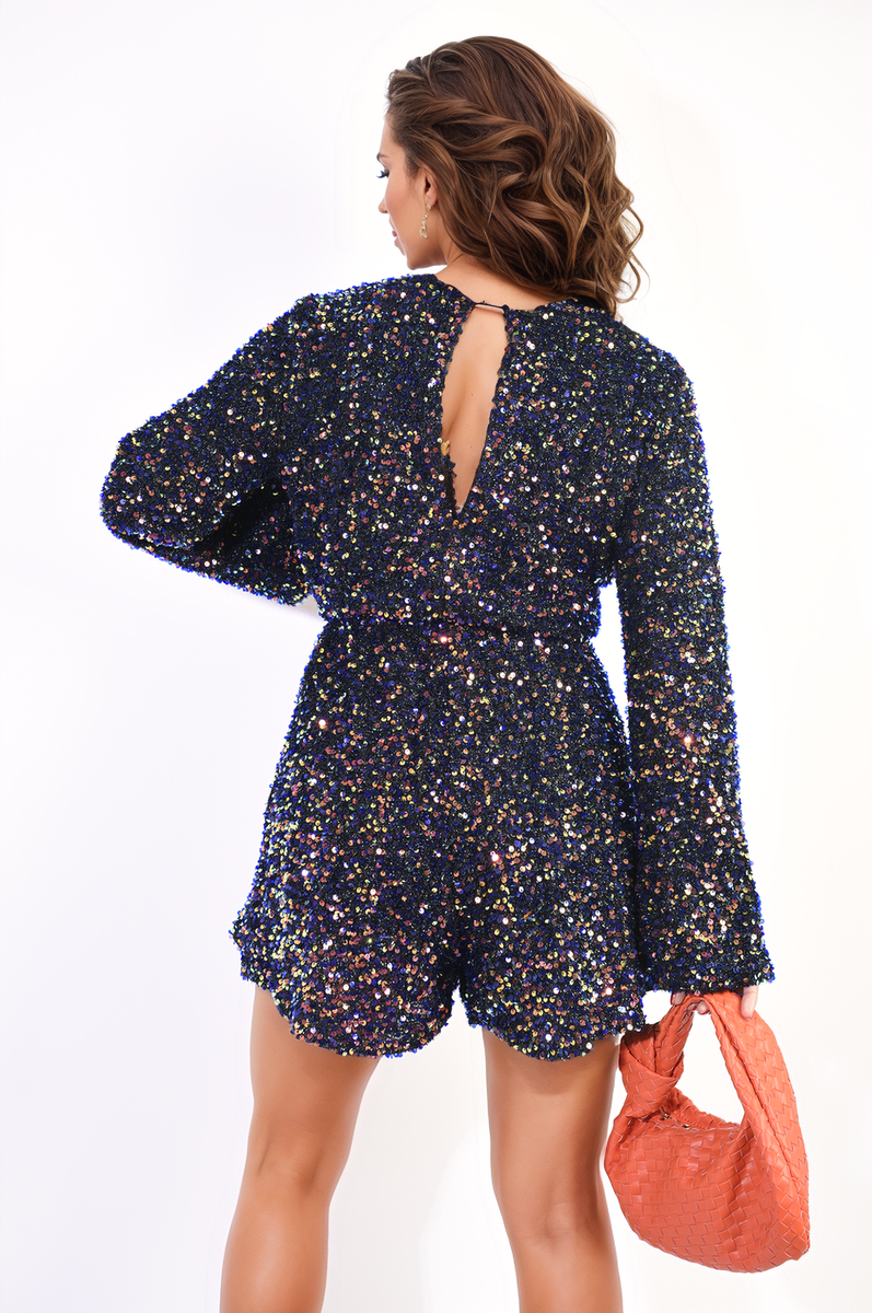 V Neck Belted Sequin Playsuit