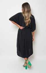 Button Down Collared Midi Dress with Two Front Pockets