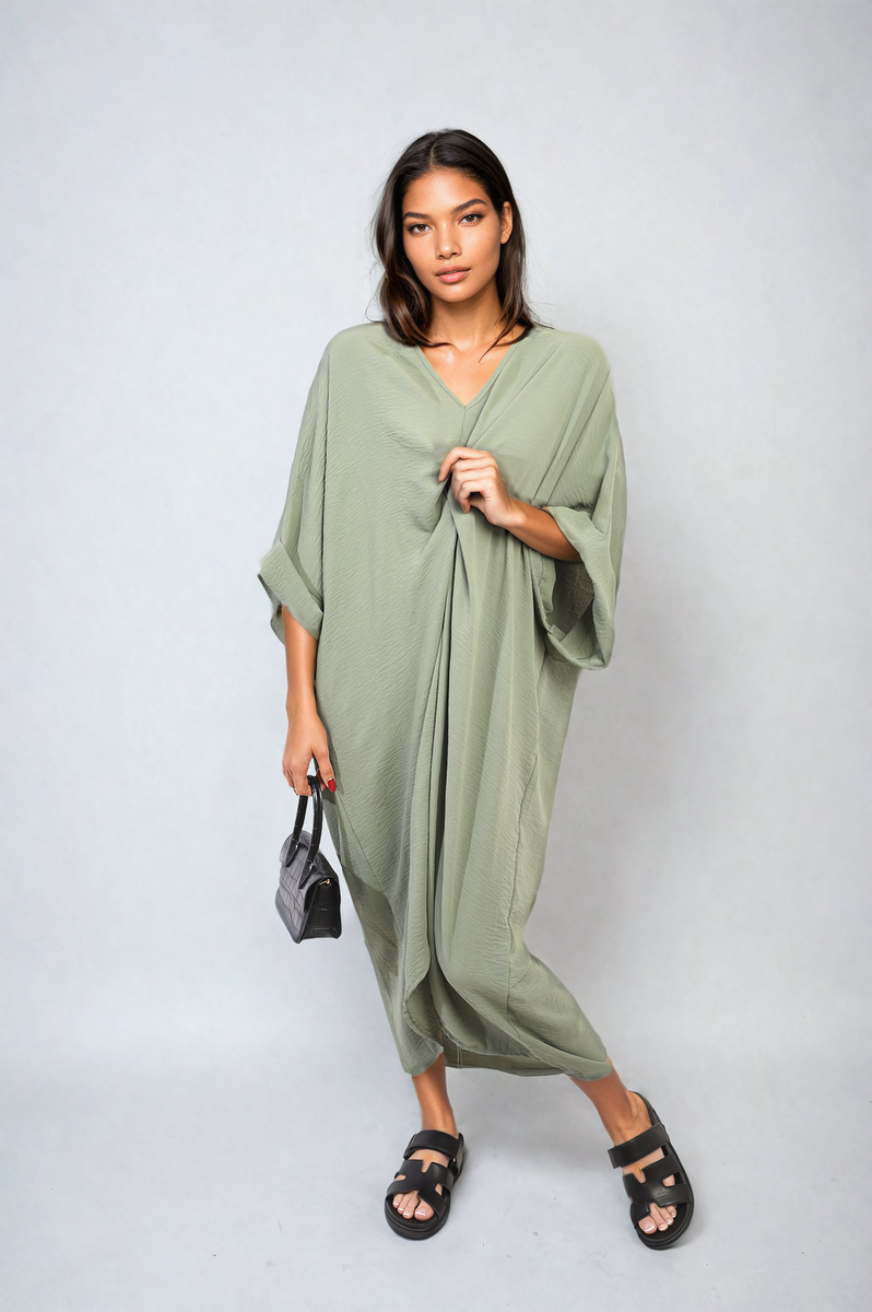 Twist Front Plunge Neckline Relaxed Fit Midi Dress