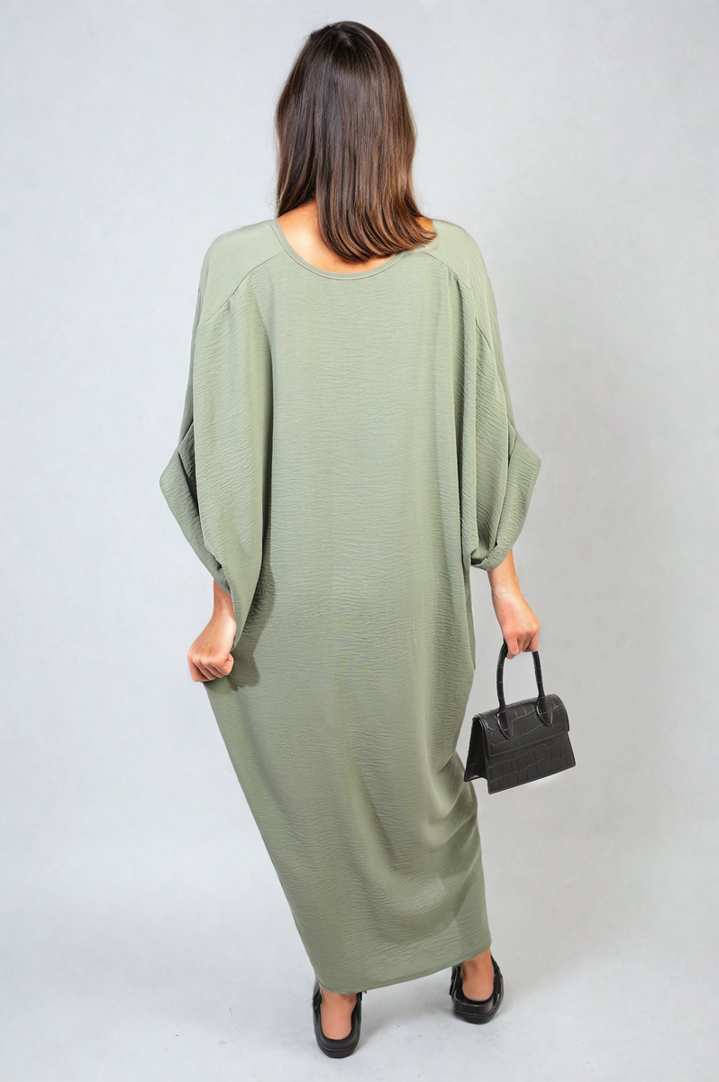 Twist Front Plunge Neckline Relaxed Fit Midi Dress