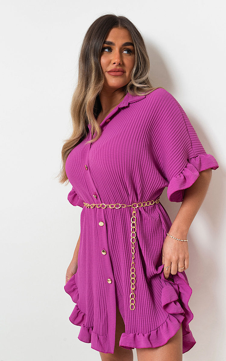 Button Down Oversized Ruffle Short Sleeve Mini Dress