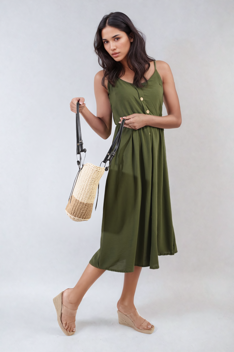 Button Front Strappy Midi Dress