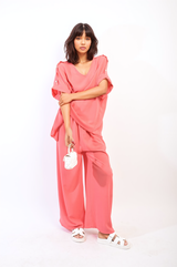 Button Detail V Neck Loose Top and Wide Leg Trouser Co-ord Set