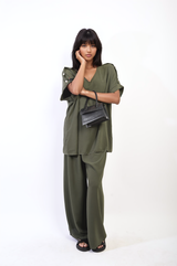 Button Detail V Neck Loose Top and Wide Leg Trouser Co-ord Set